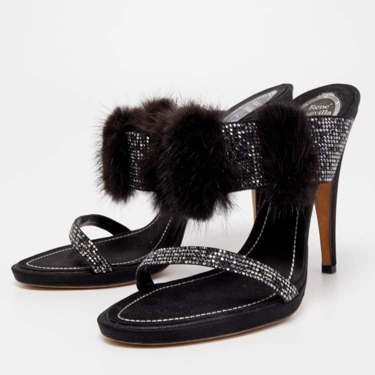 Pre Owned René Caovilla Black Crystal Embellished Satin and Fur Slide Sandals Size 41 