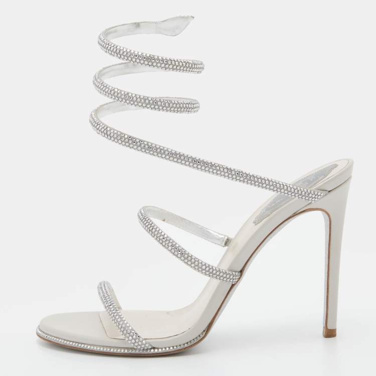 Pre Owned René Caovilla Silver Crystal Embellished Satin Cleo Ankle Wrap Sandals Size 37.5
