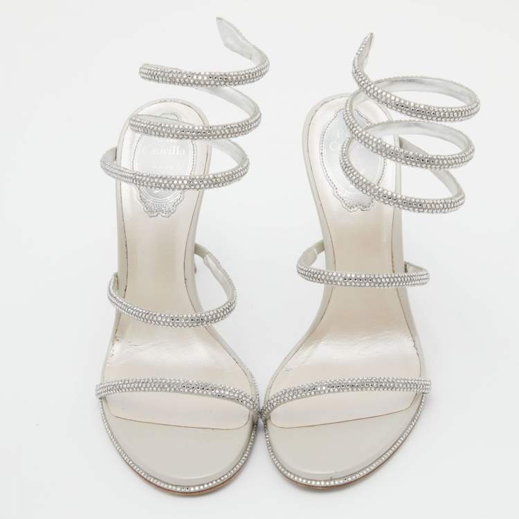 Pre Owned René Caovilla Silver Crystal Embellished Satin Cleo Ankle Wrap Sandals Size 37.5