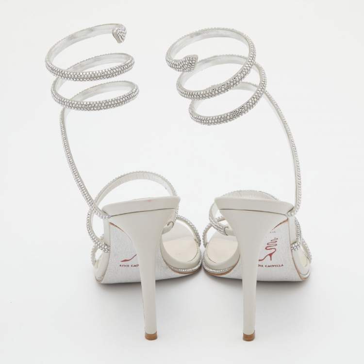 Pre Owned René Caovilla Silver Crystal Embellished Satin Cleo Ankle Wrap Sandals Size 37.5