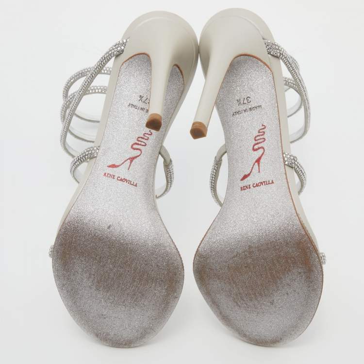 Pre Owned René Caovilla Silver Crystal Embellished Satin Cleo Ankle Wrap Sandals Size 37.5