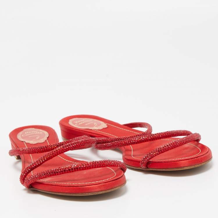 Pre Owned René Caovilla Red Crystal Embellished Satin Strappy Flats Size 39