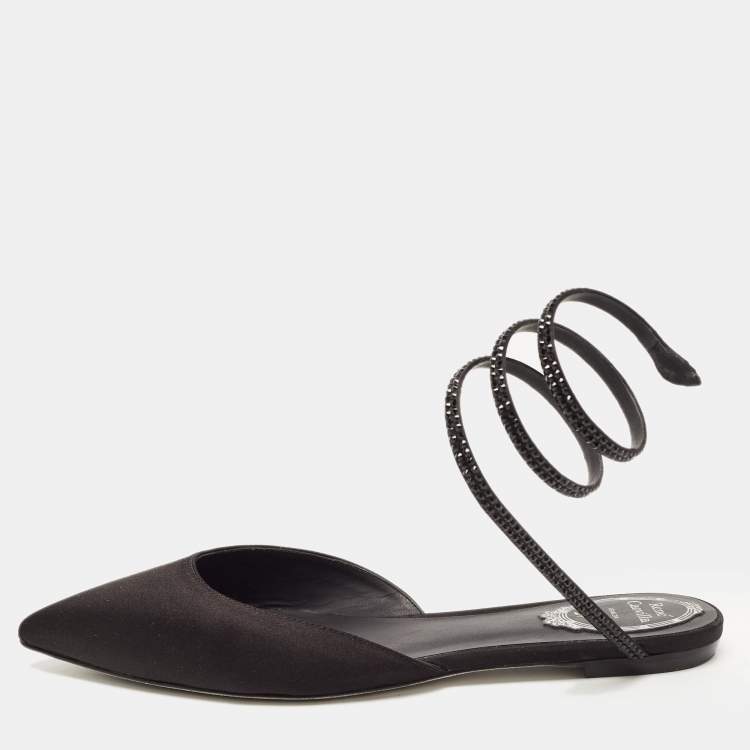 Pre Owned René Caovilla Black Satin Ankle Wrap Flat Mule Sandals Size 38