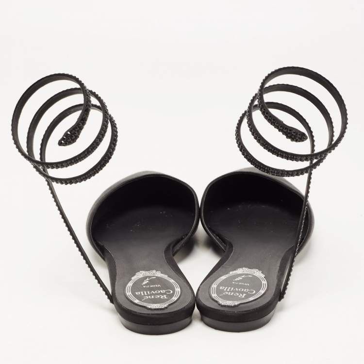 Pre Owned René Caovilla Black Satin Ankle Wrap Flat Mule Sandals Size 38