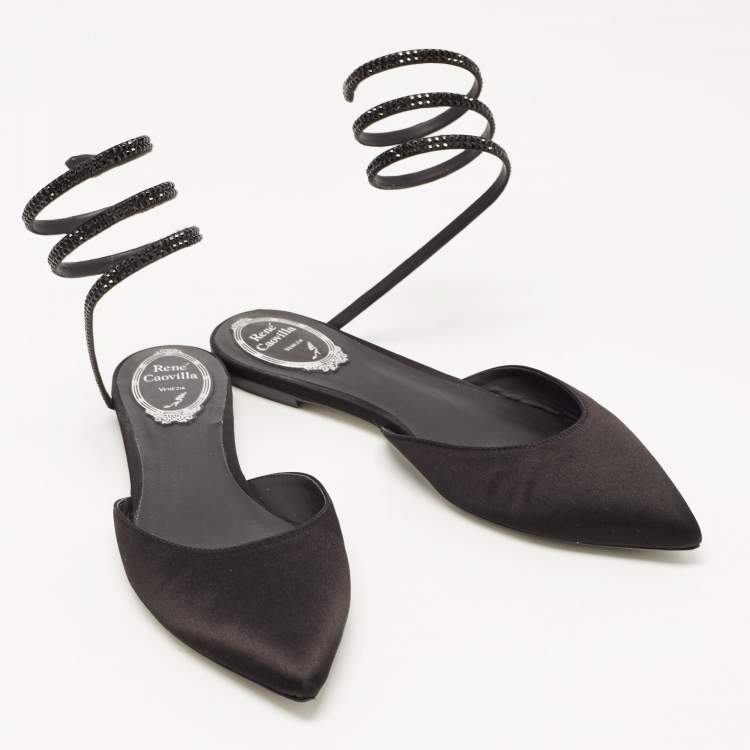 Pre Owned René Caovilla Black Satin Ankle Wrap Flat Mule Sandals Size 38