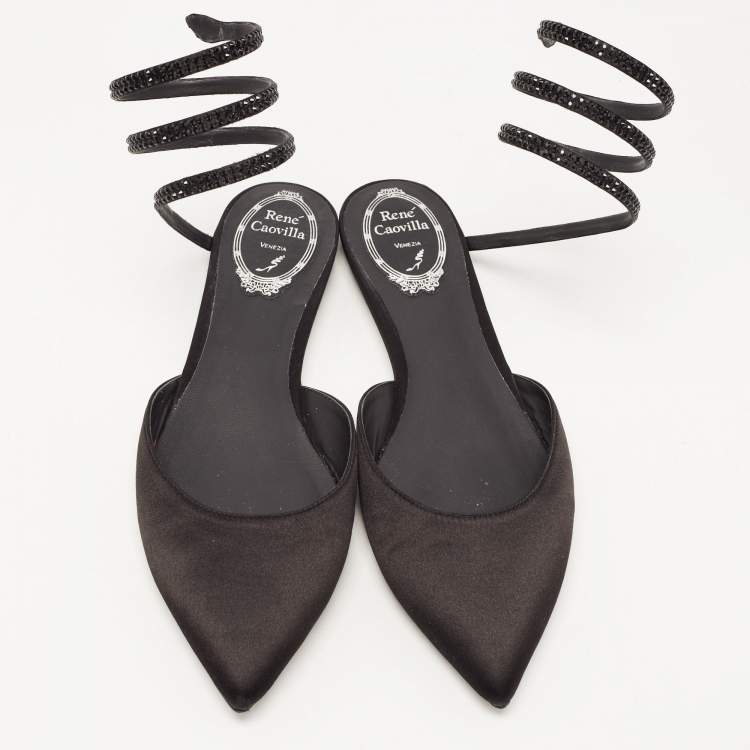 Pre Owned René Caovilla Black Satin Ankle Wrap Flat Mule Sandals Size 38