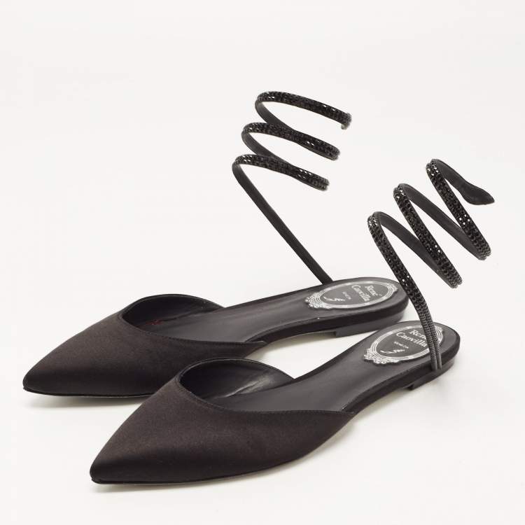 Pre Owned René Caovilla Black Satin Ankle Wrap Flat Mule Sandals Size 38