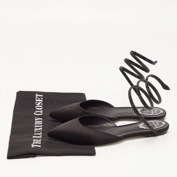 Pre Owned René Caovilla Black Satin Ankle Wrap Flat Mule Sandals Size 38