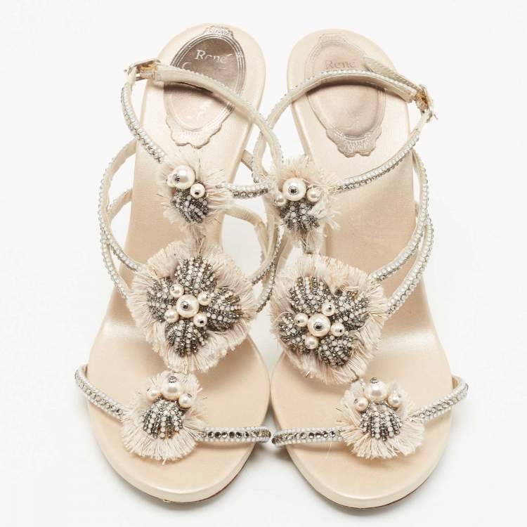 Pre Owned René Caovilla Beige Satin and Crystal Floral T-strap Ankle Cuff Sandals Size 38.5