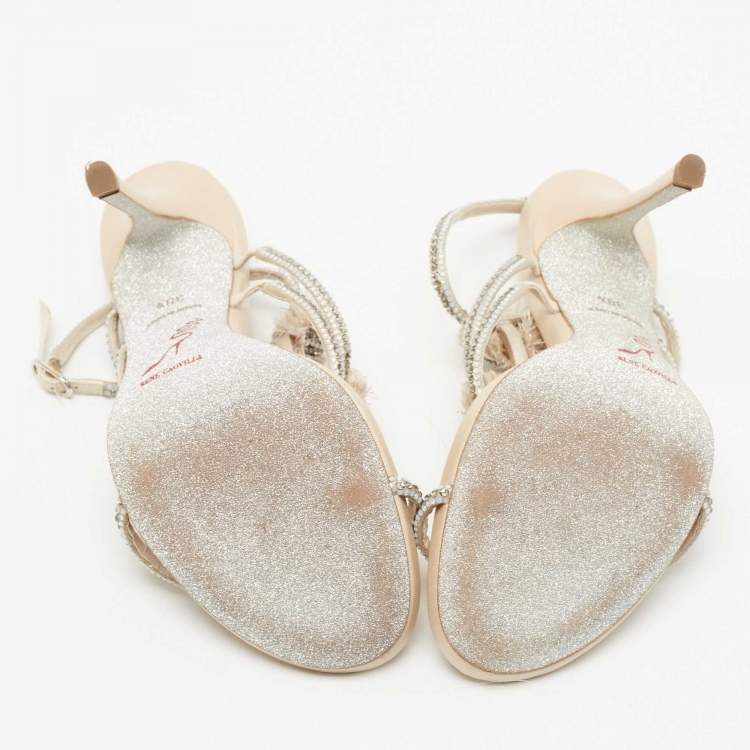 Pre Owned René Caovilla Beige Satin and Crystal Floral T-strap Ankle Cuff Sandals Size 38.5
