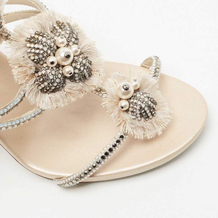 Pre Owned René Caovilla Beige Satin and Crystal Floral T-strap Ankle Cuff Sandals Size 38.5