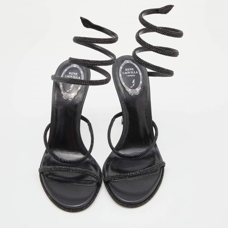 Pre Owned Rene Caovilla Black Leather Crystal Embellished Cleo Ankle Wrap Sandals Size 40