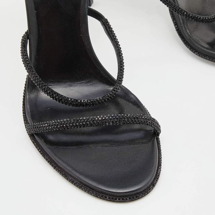 Pre Owned Rene Caovilla Black Leather Crystal Embellished Cleo Ankle Wrap Sandals Size 40