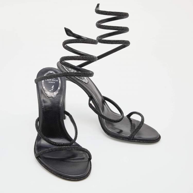 Pre Owned Rene Caovilla Black Leather Crystal Embellished Cleo Ankle Wrap Sandals Size 40
