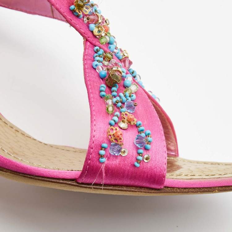 Pre Owned René Caovilla Pink Satin Embellished Criss Cross Ankle Strap Sandals Size 38.5
