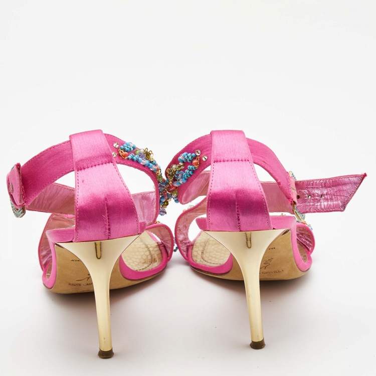 Pre Owned René Caovilla Pink Satin Embellished Criss Cross Ankle Strap Sandals Size 38.5