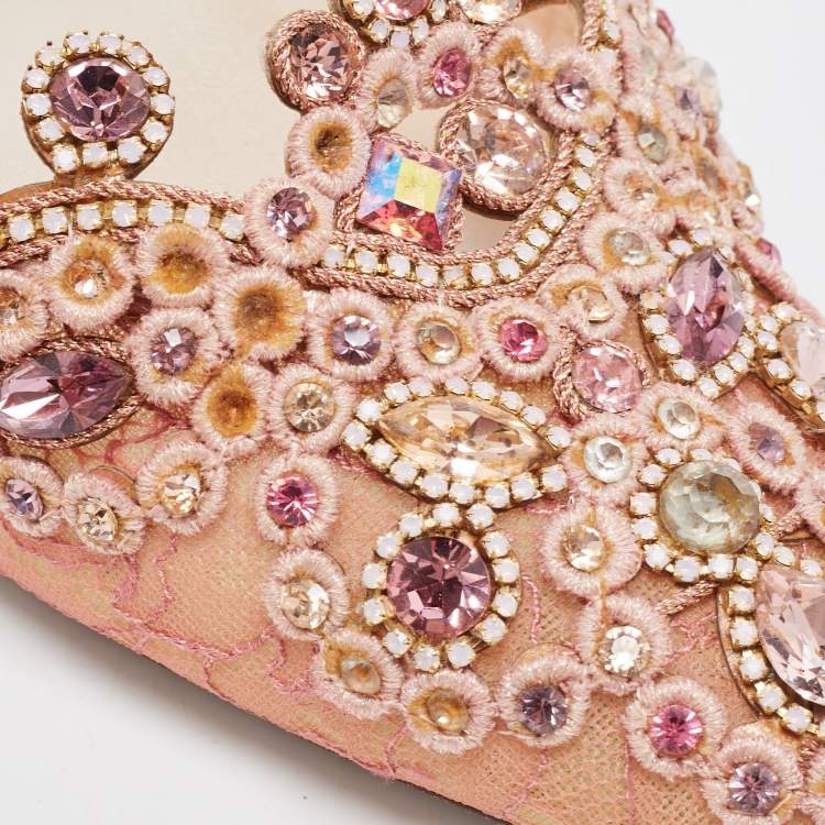 Pre Owned René Caovilla Pink Lace and Leather Crystal Embellished Slingback Pumps Size 39.5