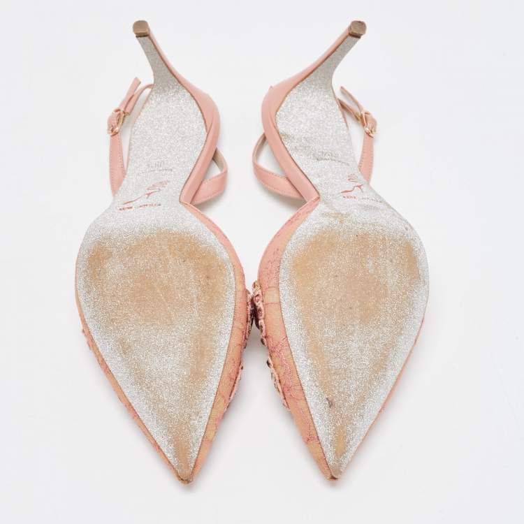 Pre Owned René Caovilla Pink Lace and Leather Crystal Embellished Slingback Pumps Size 39.5