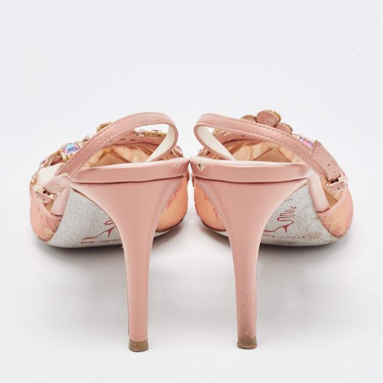 Pre Owned René Caovilla Pink Lace and Leather Crystal Embellished Slingback Pumps Size 39.5