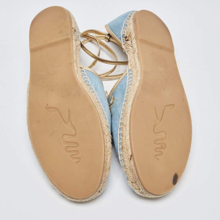 Pre Owned René Caovilla Blue Denim and Leather Trim Crystal Embellished Ankle Wrap Espadrille Flats Size 41