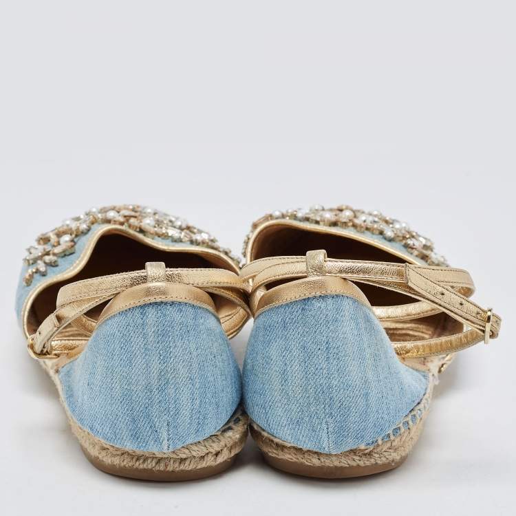 Pre Owned René Caovilla Blue Denim and Leather Trim Crystal Embellished Ankle Wrap Espadrille Flats Size 41