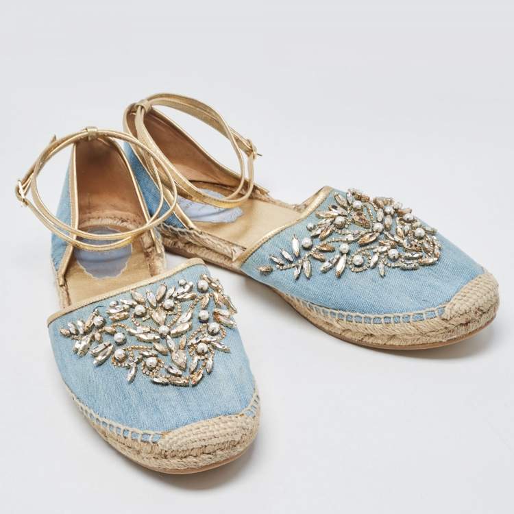 Pre Owned René Caovilla Blue Denim and Leather Trim Crystal Embellished Ankle Wrap Espadrille Flats Size 41