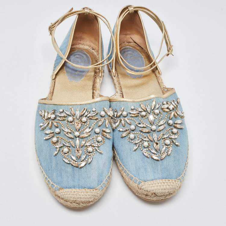 Pre Owned René Caovilla Blue Denim and Leather Trim Crystal Embellished Ankle Wrap Espadrille Flats Size 41