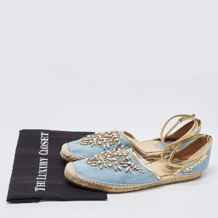 Pre Owned René Caovilla Blue Denim and Leather Trim Crystal Embellished Ankle Wrap Espadrille Flats Size 41