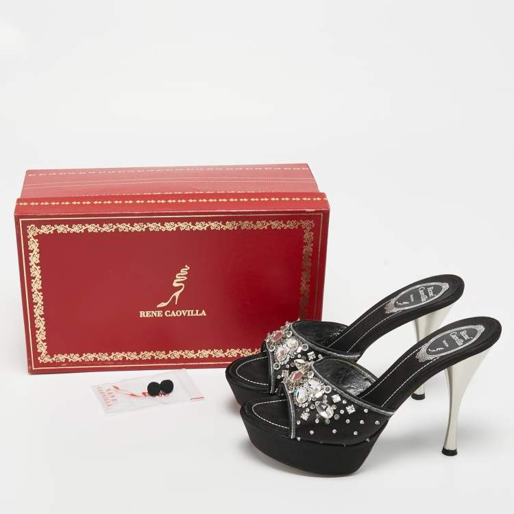 Pre Owned René Caovilla Black Satin Embellished Slide Sandals Size 37.5