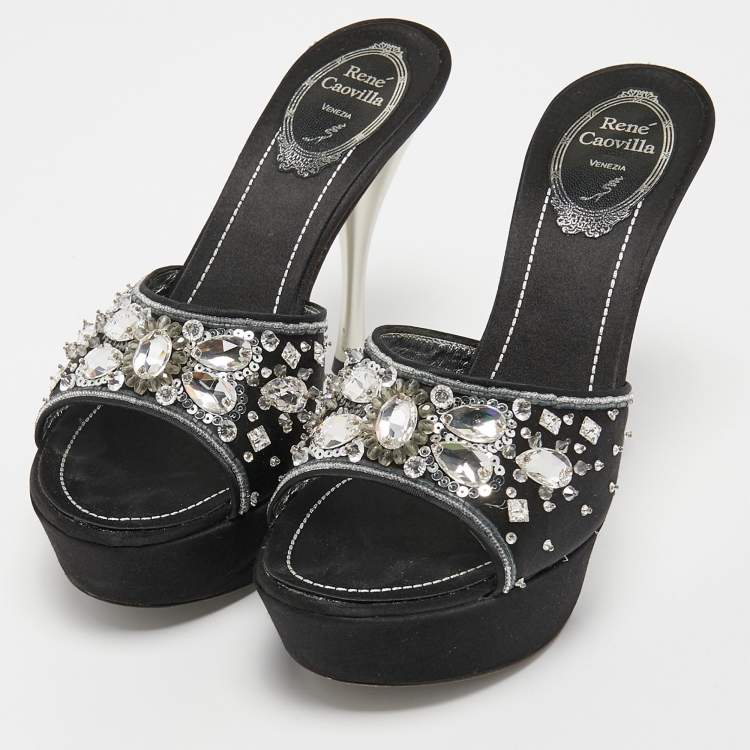 Pre Owned René Caovilla Black Satin Embellished Slide Sandals Size 37.5