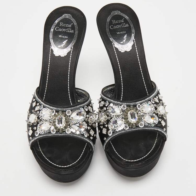 Pre Owned René Caovilla Black Satin Embellished Slide Sandals Size 37.5