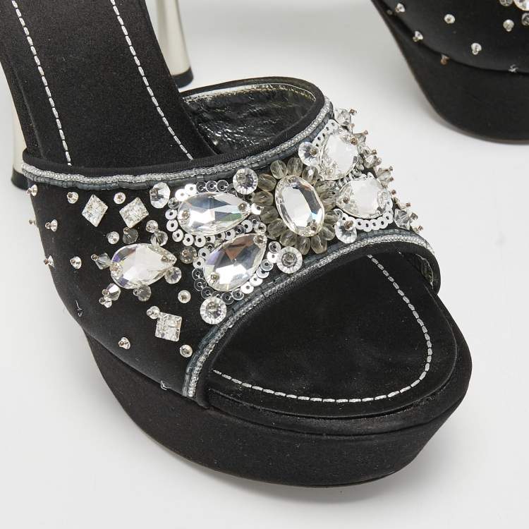 Pre Owned René Caovilla Black Satin Embellished Slide Sandals Size 37.5
