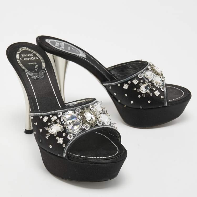 Pre Owned René Caovilla Black Satin Embellished Slide Sandals Size 37.5