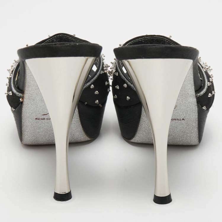Pre Owned René Caovilla Black Satin Embellished Slide Sandals Size 37.5
