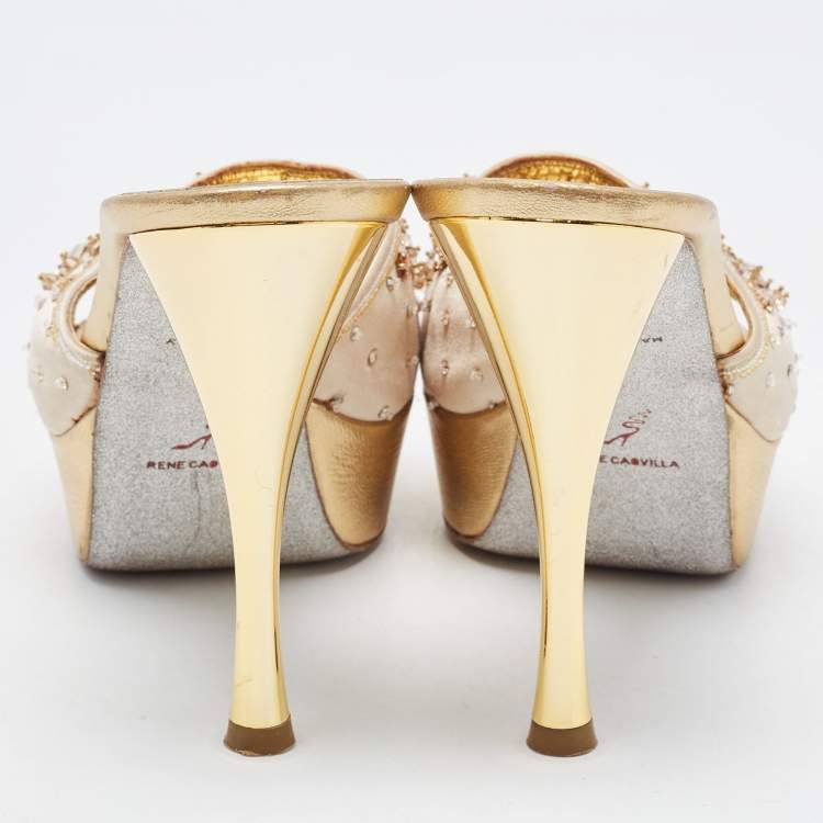 Pre Owned René Caovilla Metallic Gold Leather Embellished Slide Sandals Size 37.5