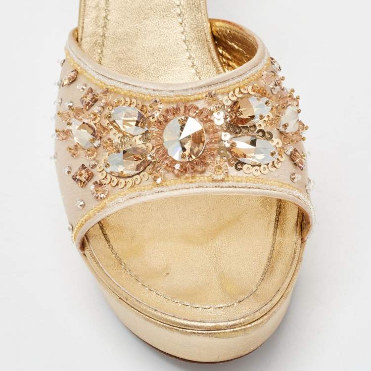 Pre Owned René Caovilla Metallic Gold Leather Embellished Slide Sandals Size 37.5