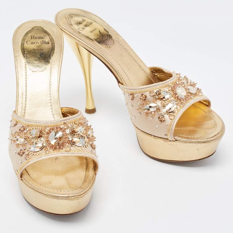 Pre Owned René Caovilla Metallic Gold Leather Embellished Slide Sandals Size 37.5
