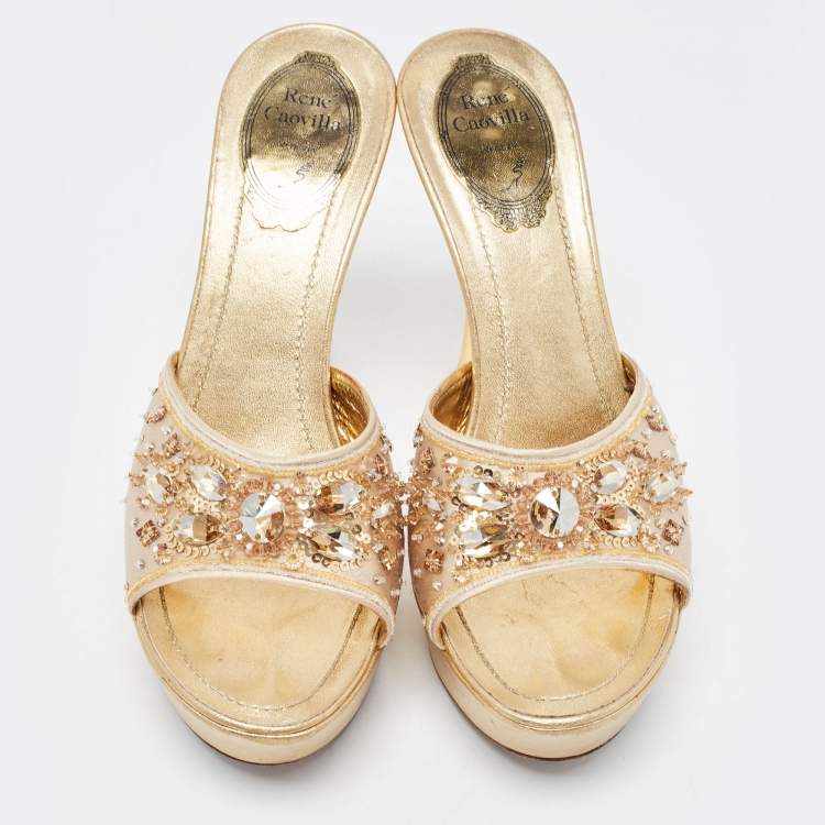 Pre Owned René Caovilla Metallic Gold Leather Embellished Slide Sandals Size 37.5