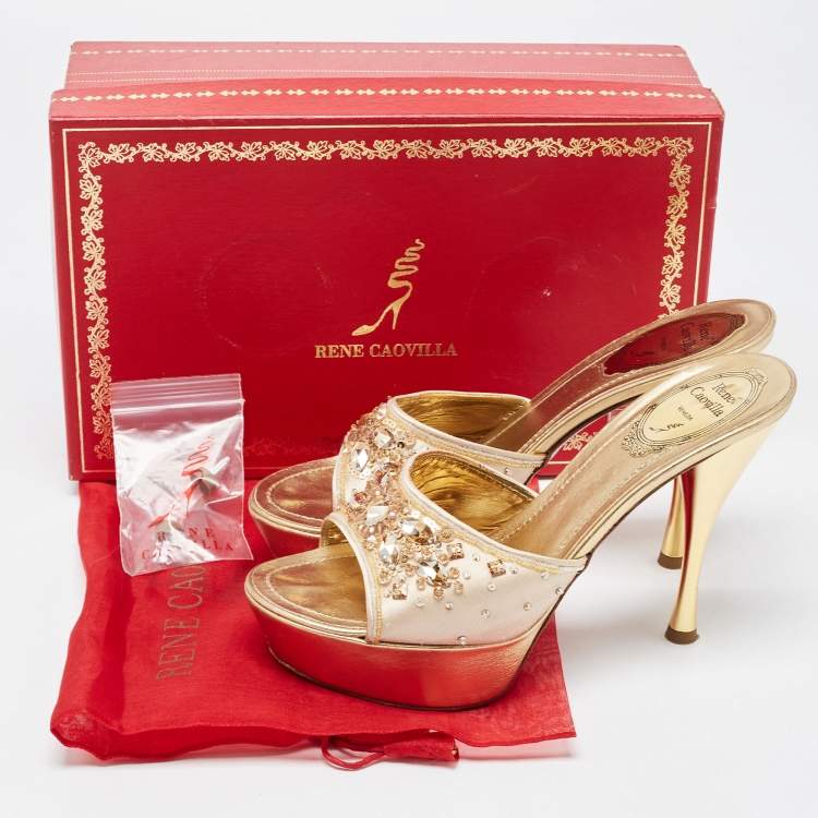 Pre Owned René Caovilla Metallic Gold Leather Embellished Slide Sandals Size 37.5