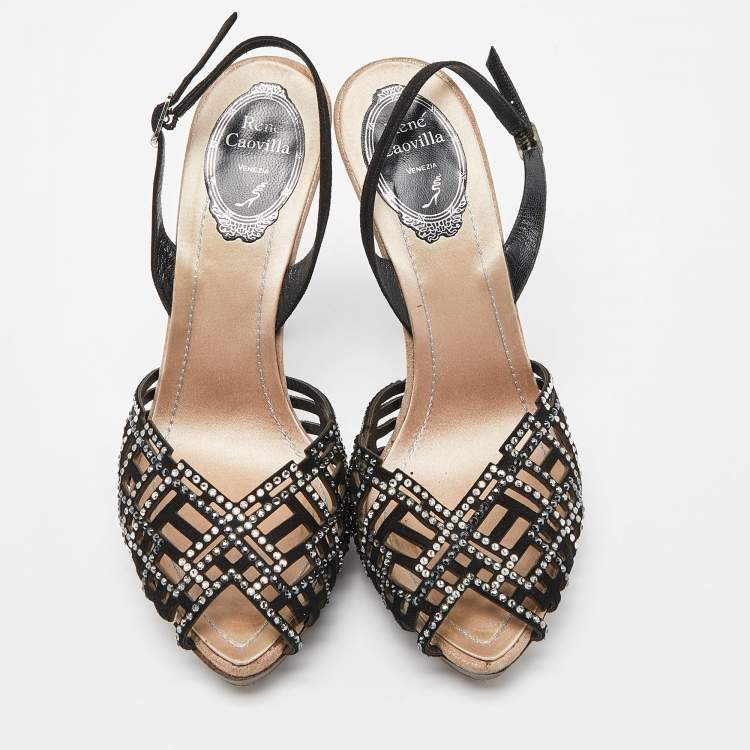 Pre Owned René Caovilla Black Suede and Fabric Crystal Embellished Slingback Sandals Size 37.5