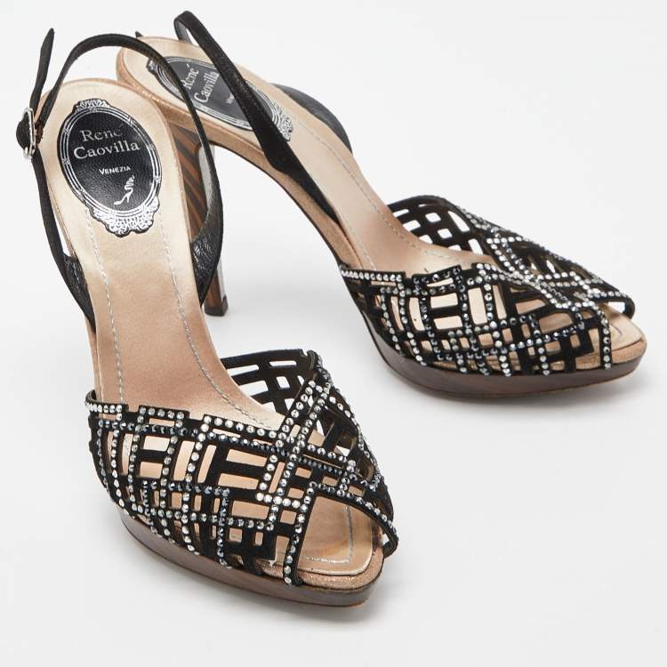 Pre Owned René Caovilla Black Suede and Fabric Crystal Embellished Slingback Sandals Size 37.5