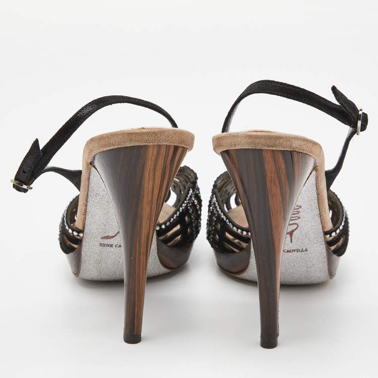 Pre Owned René Caovilla Black Suede and Fabric Crystal Embellished Slingback Sandals Size 37.5