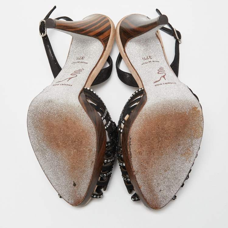 Pre Owned René Caovilla Black Suede and Fabric Crystal Embellished Slingback Sandals Size 37.5