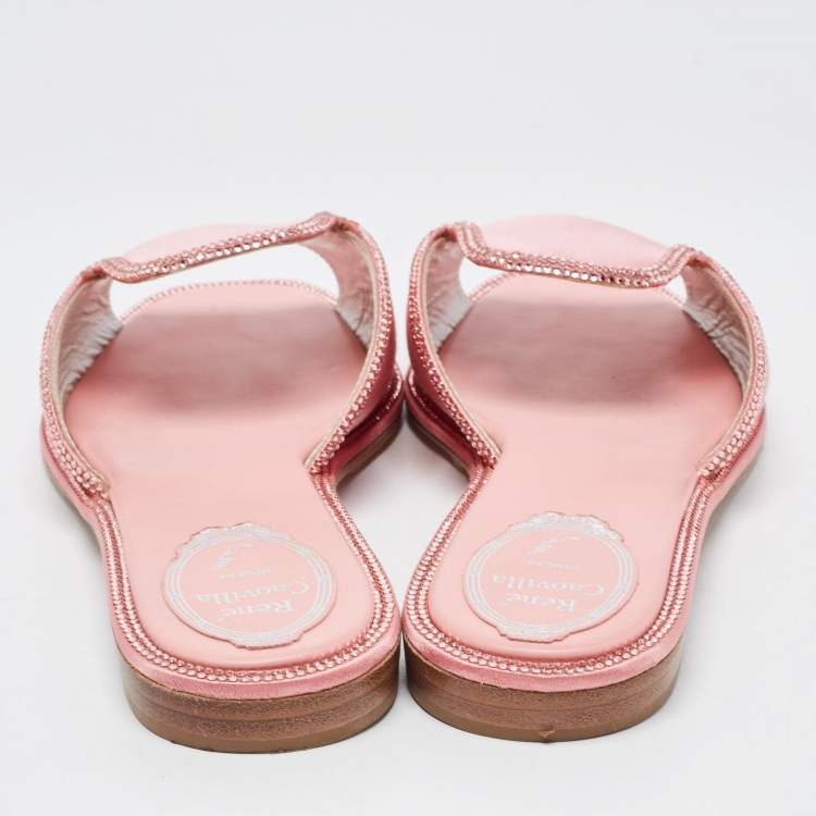 Pre Owned Rene Caovilla Pink Satin Crystal Embellished Flat Slides Size 40