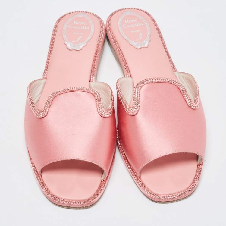 Pre Owned Rene Caovilla Pink Satin Crystal Embellished Flat Slides Size 40