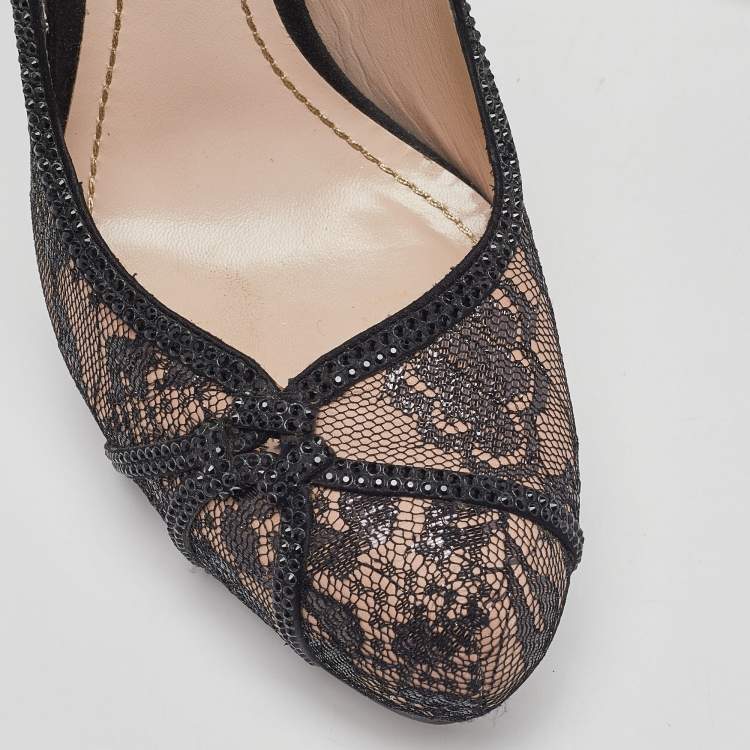Pre Owned René Caovilla Black/Pink Lace and Leather Crystal Embellished Pumps Size 37