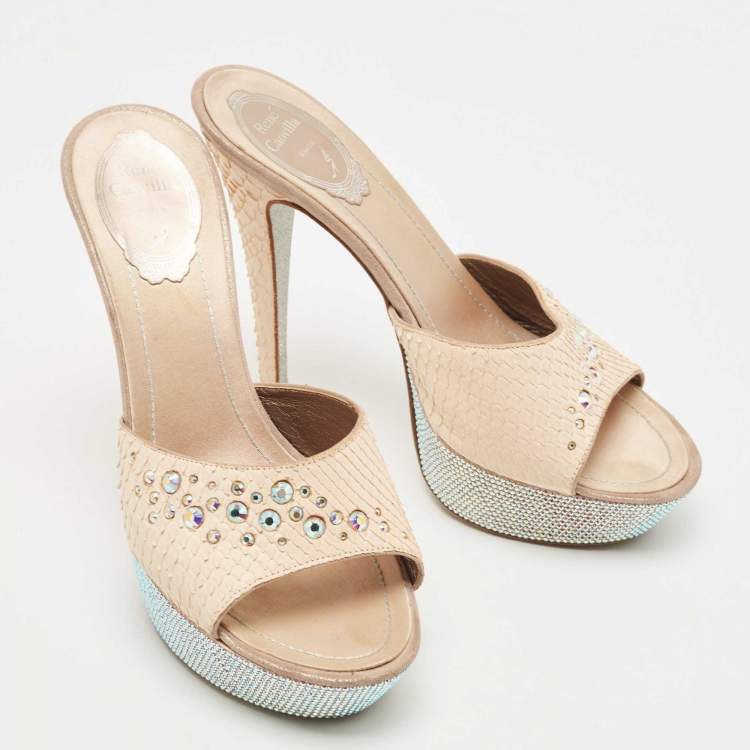 Pre Owned René Caovilla Beige Python Crystal Embellishment Slide Sandals Size 38