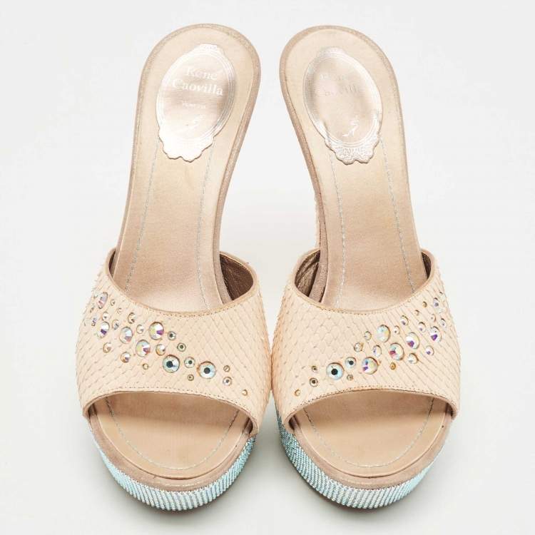 Pre Owned René Caovilla Beige Python Crystal Embellishment Slide Sandals Size 38