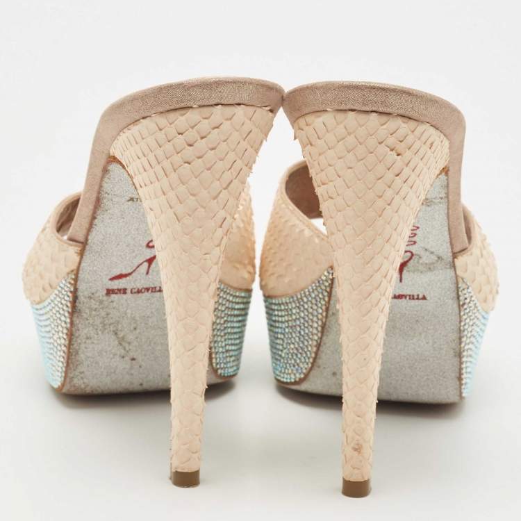 Pre Owned René Caovilla Beige Python Crystal Embellishment Slide Sandals Size 38