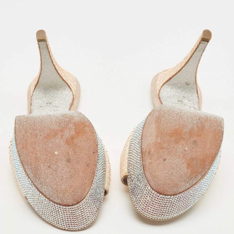 Pre Owned René Caovilla Beige Python Crystal Embellishment Slide Sandals Size 38